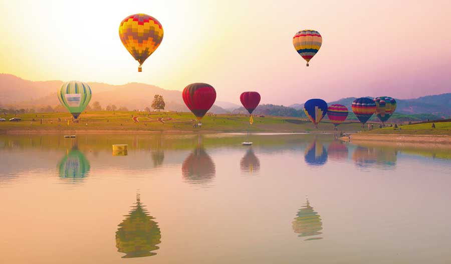 Colorful hot air balloons floating