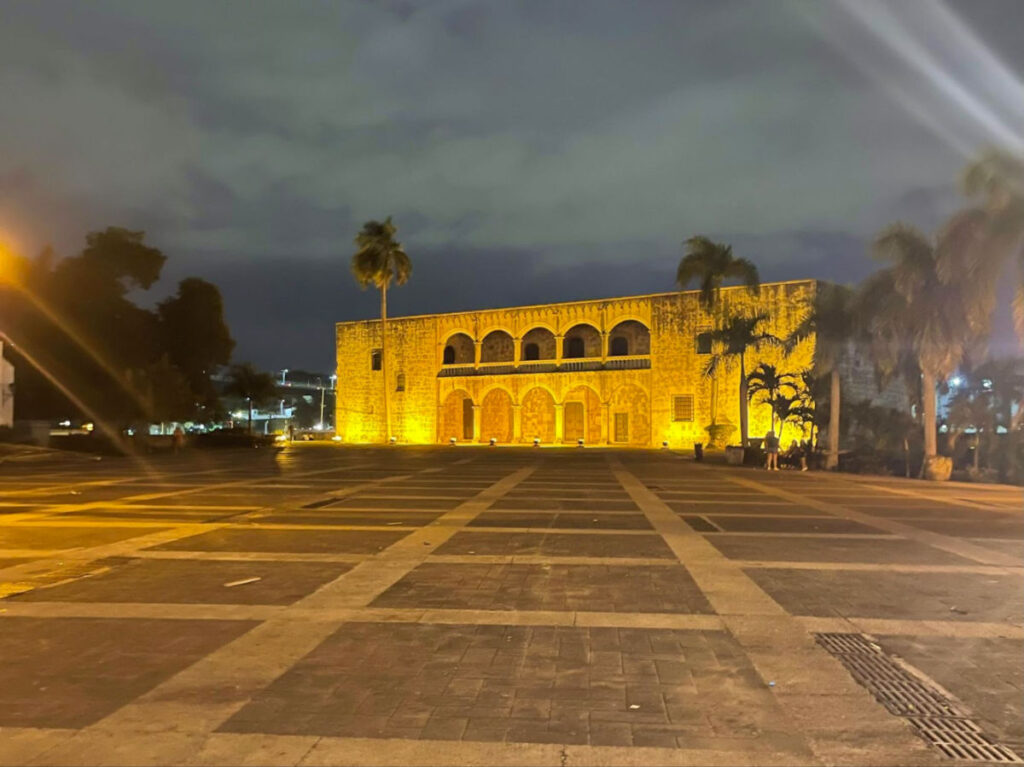 View of Alcazar de Colon in Plaza Espanola at night