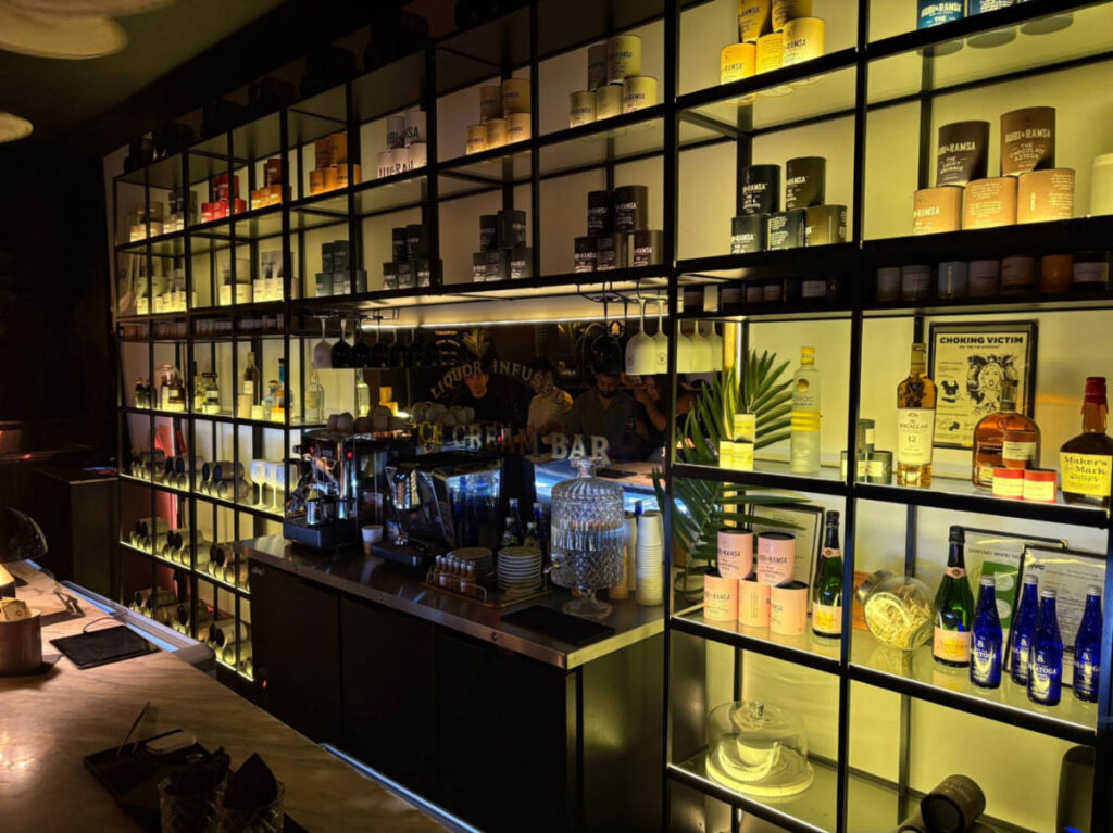 View of the huge wall display of the alcohols in Aubi & Ramsa