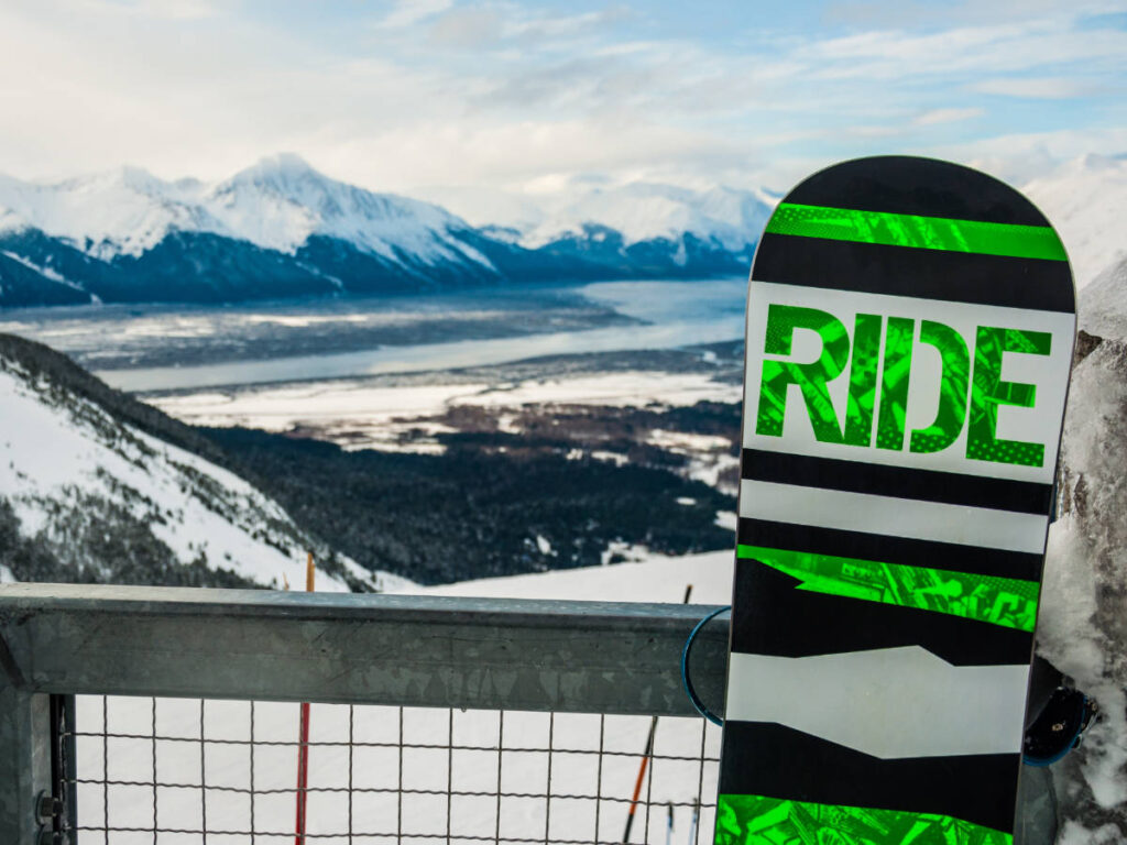 A snowboard at the Alyeska Resort