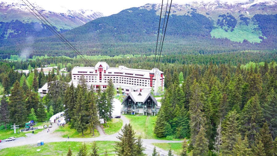 Aerial view of the Alyeska ski resort in summer from the chairlift