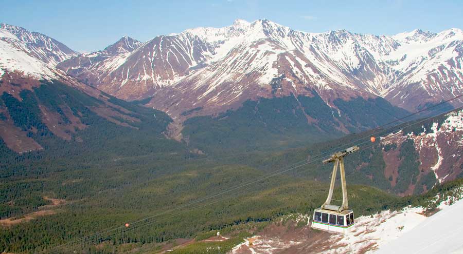 View of a gondola in Alyeska during springtime