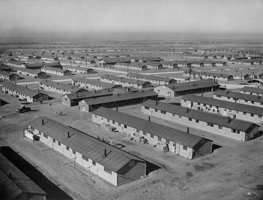 Aerial view of historic buildings at the site that is now the Buildings formerly seen at the Amache National Historic Site