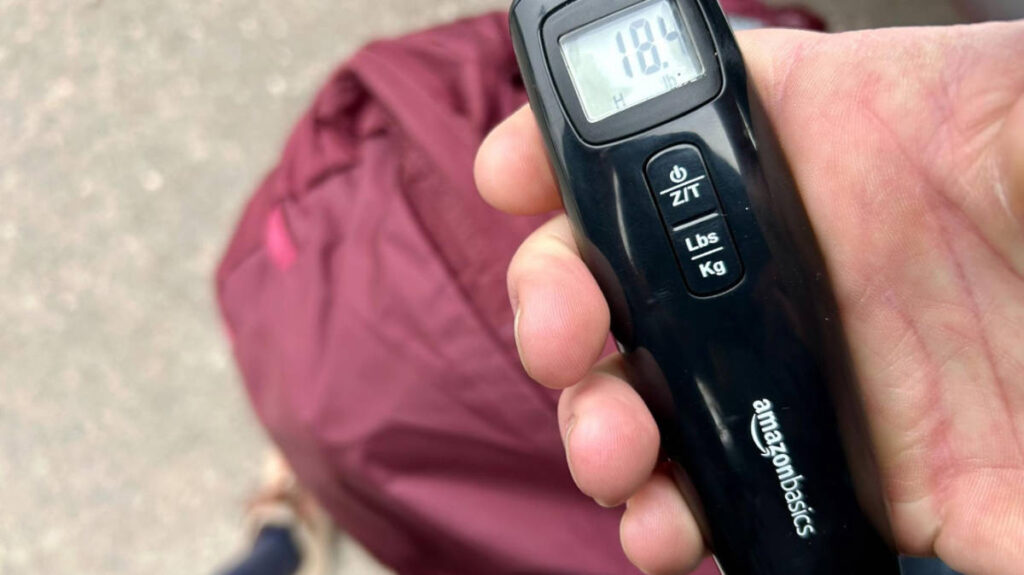 Close up view of an Amazon Basics portable weighing scale