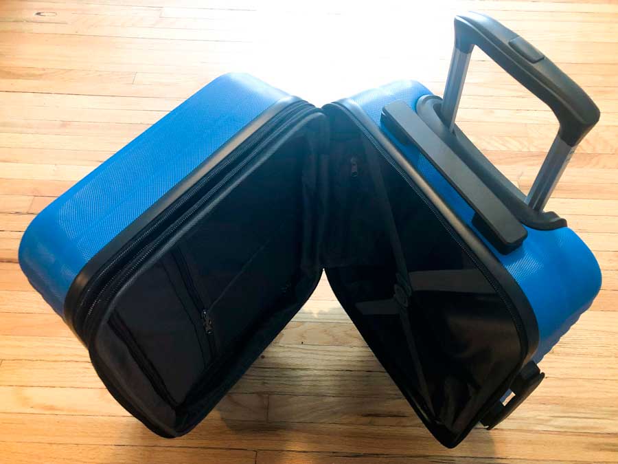 View of the Amazon Basics Luggage when slightly open