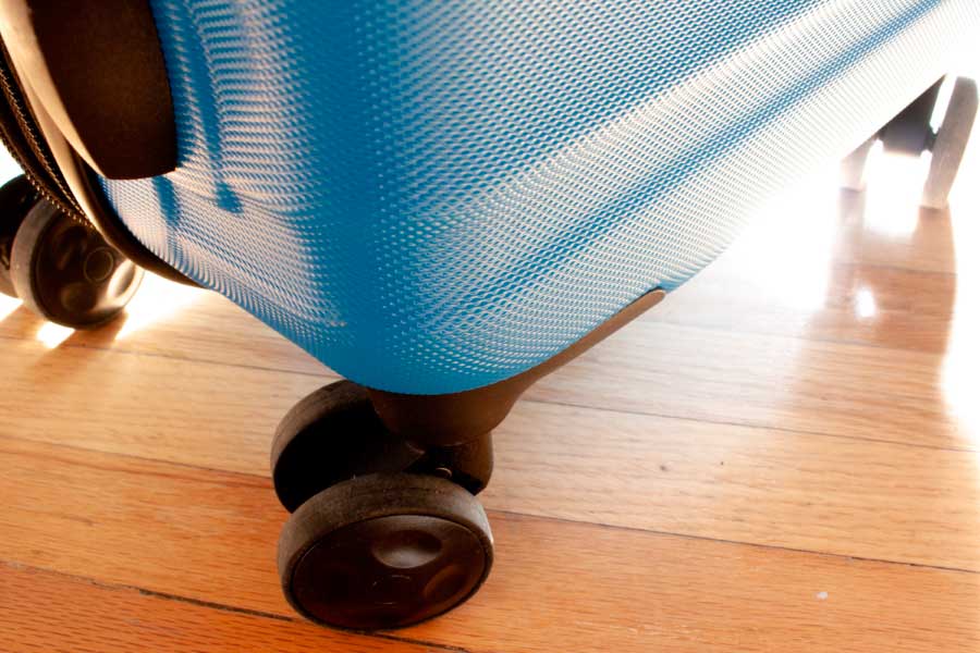 View of the spinner wheels of Amazon Basics Luggage