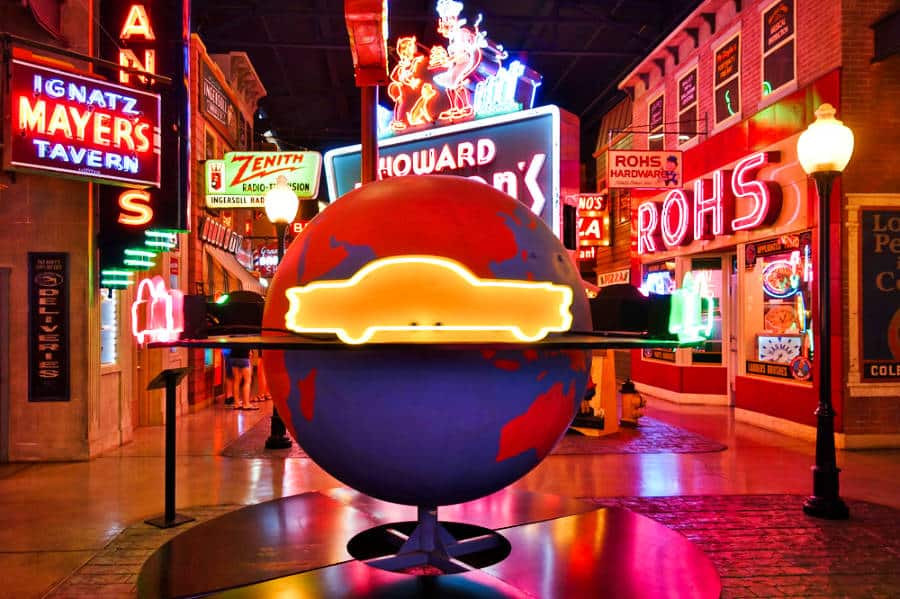 View of the illuminated large neon signs in the American Sign Museum