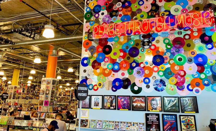 Colorful CDs and vinyls inside the Amoeba Music