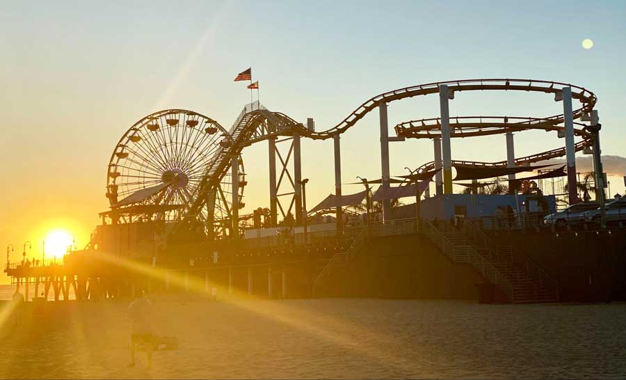 View of rides in an Amusement Park in Los Angeles during sunset