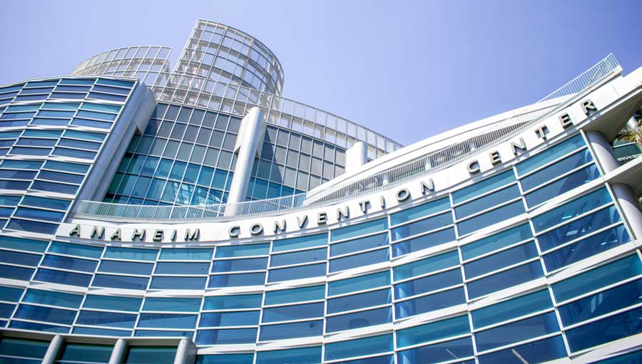 The Anaheim Convention Center under the clear blue sky