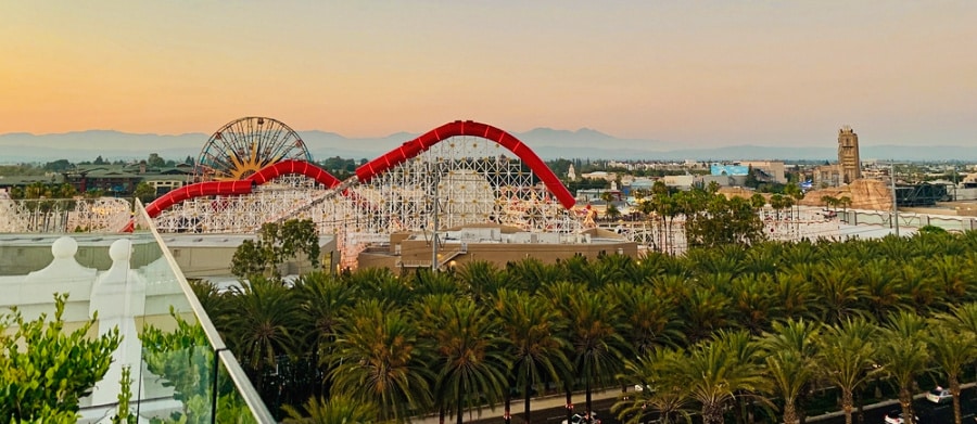 Aerial view of the extreme rides at the Disneyland Park in Anaheim during sunset