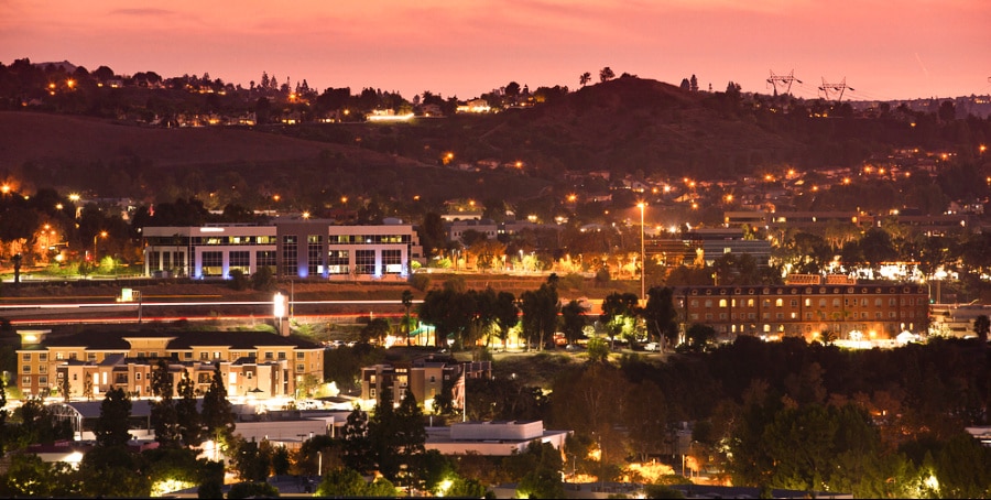Sunset skyline view of the illuminated Anaheim Hills area