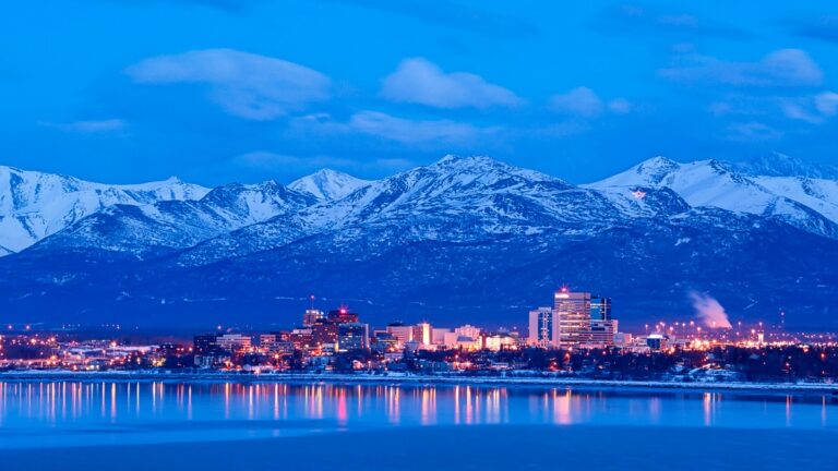The city of Anchorage at night during winter season