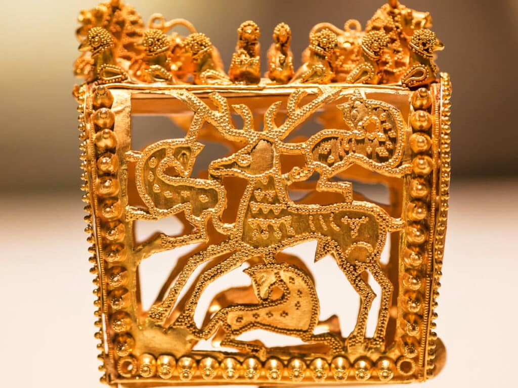 Closeup look of the ancient gold jewelry at the Georgian National Museum