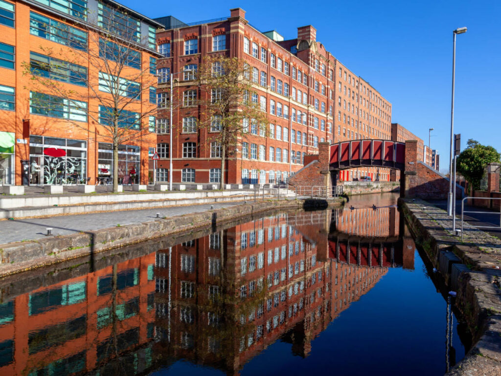 Clear blue sky over the buildings in Ancoats