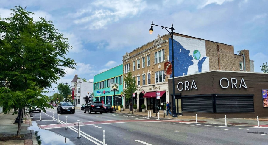 Different shops lined up on the street of the peaceful Downtown Andersonville