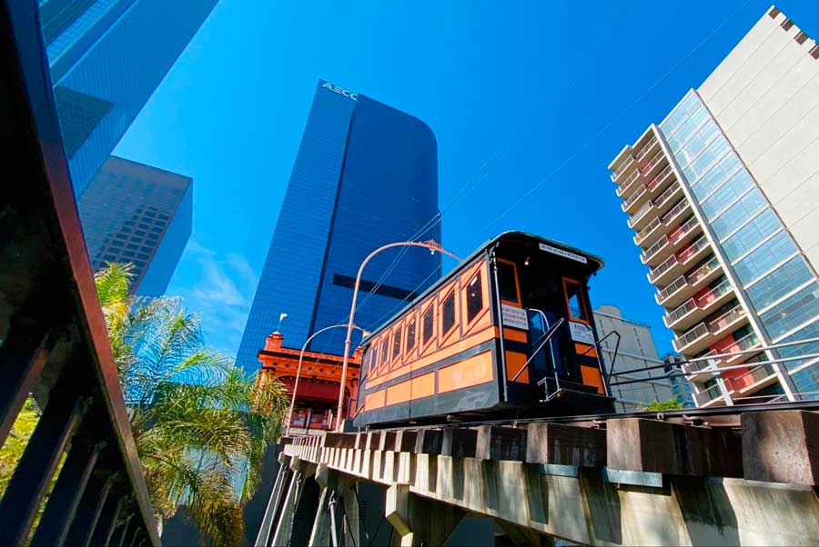 View of the Angel's Flight railway in Los Angeles and buildings around it