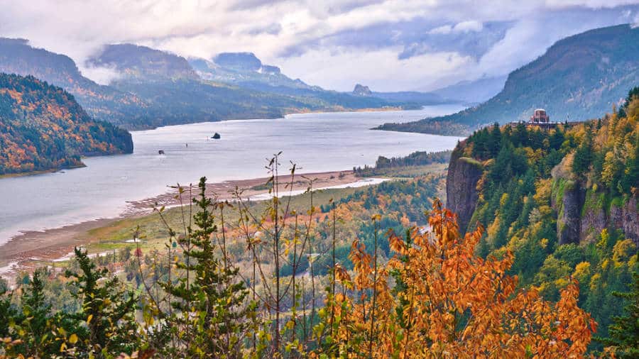 Aerial view of the fall foliage and the Columbia river from Angel’s Rest Lookout