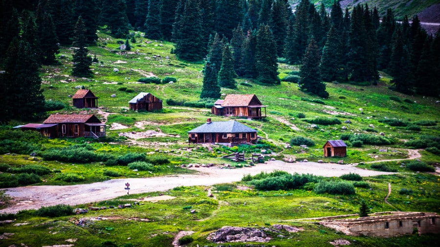 Aerial view of the ghost town of Animas Forks along the Alpine Loop in Colorado