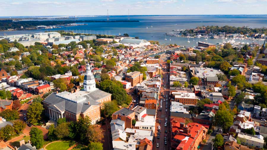Aerial view of the Naval Academy Dome and houses around the area
