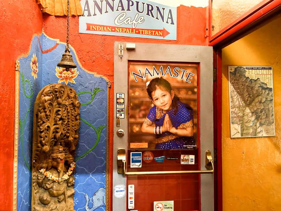 View of the bright and vintage decorations at the entrance of Annapurna