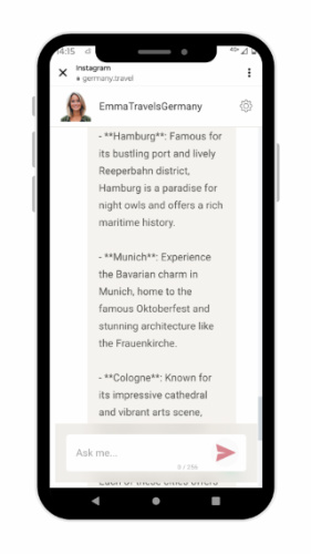 A phone screen showing the answer given by the AI Travel Influencer