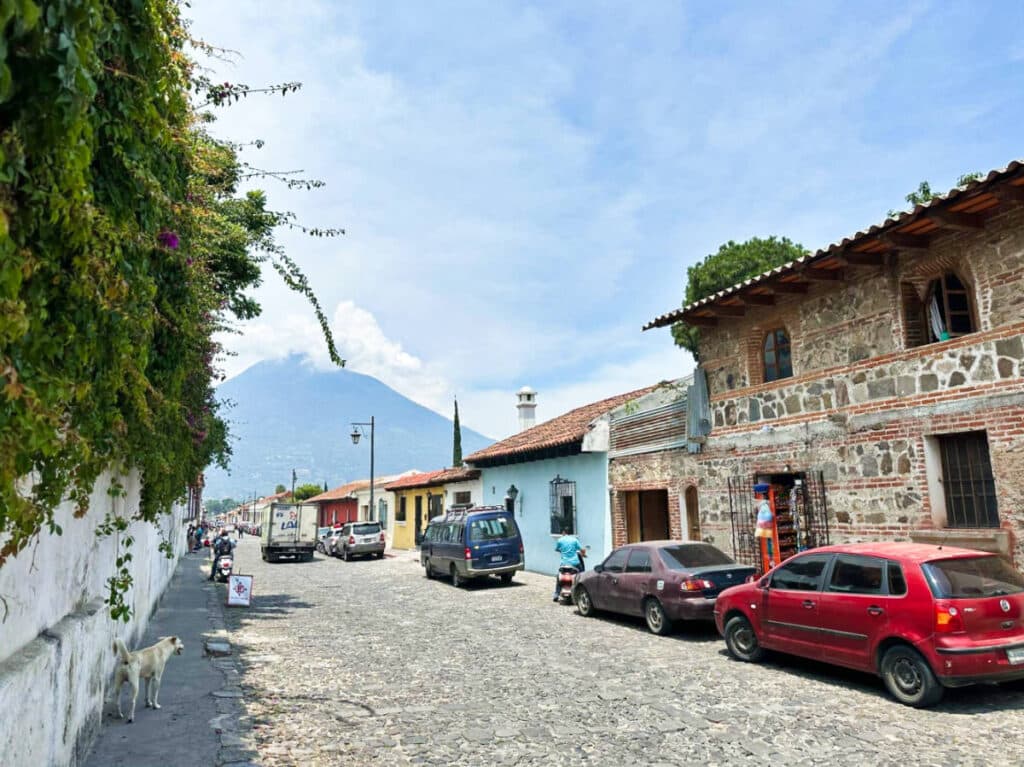 View of the volcano from the street of Antigua