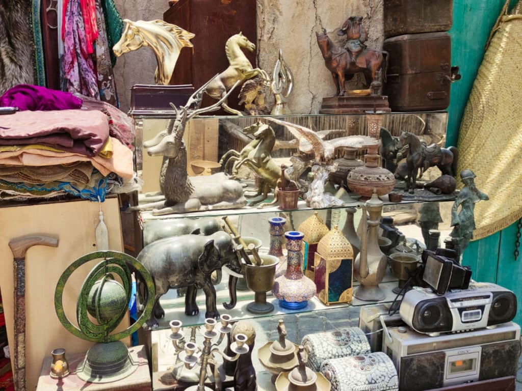 View of the displayed antique items at the market