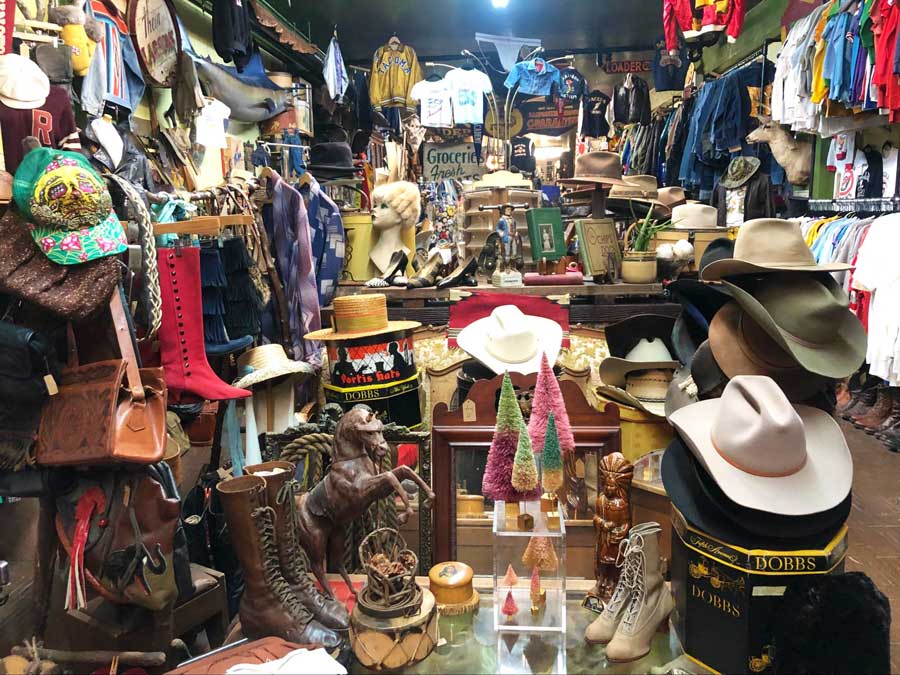 Clothes and accessories inside a store in Antique Row