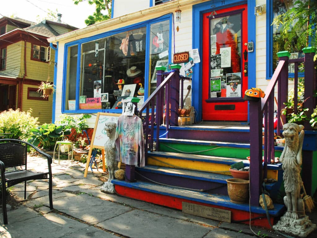 Colorful staircase on an antique store in Woodstock