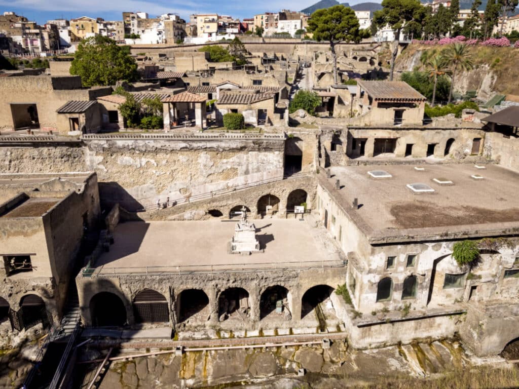 Aerial view of the ruins and buildings of Archaeological Park of Herculaneum