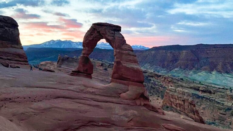 View of the delicate arch during sunrise at Arches National Park