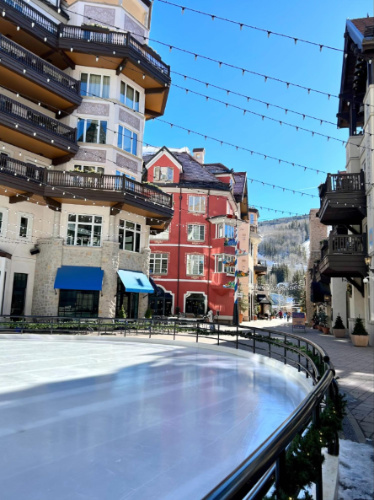 Clear blue sky over the architecture in Vail