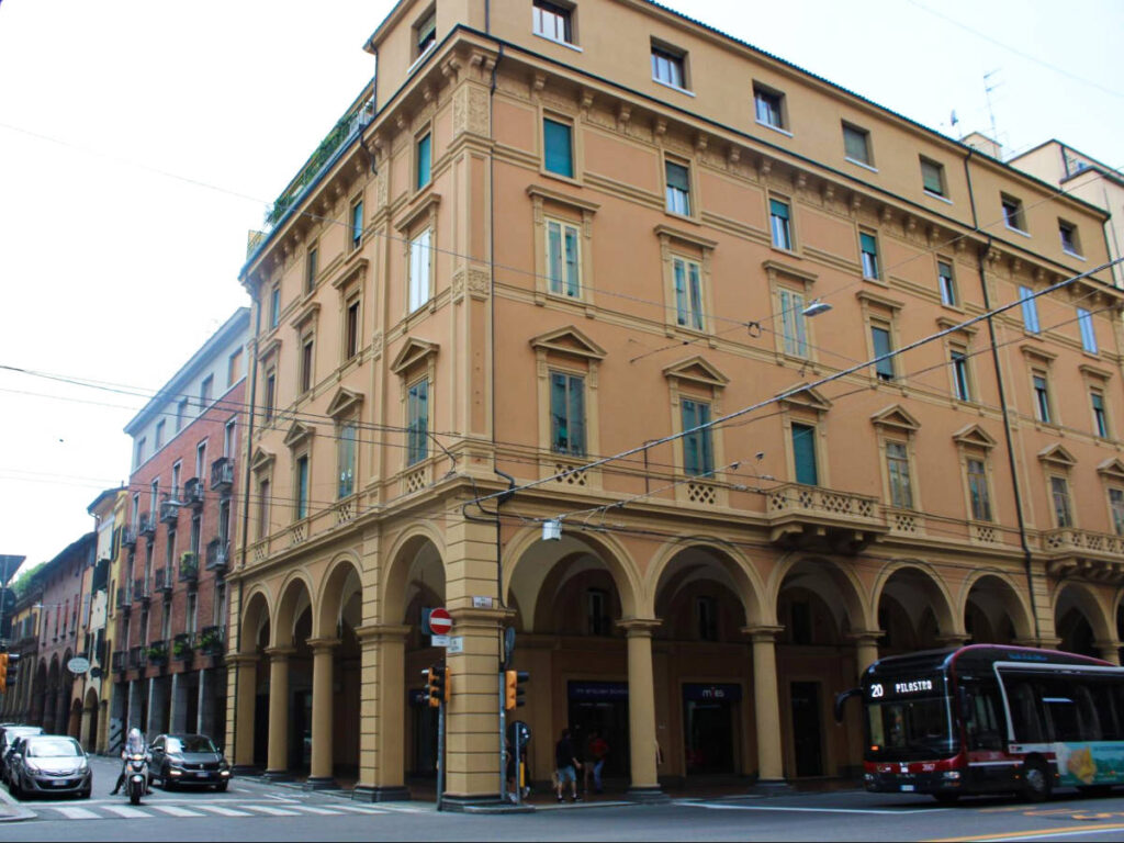 View of the beautiful Archway architecture from across the street in Bologna