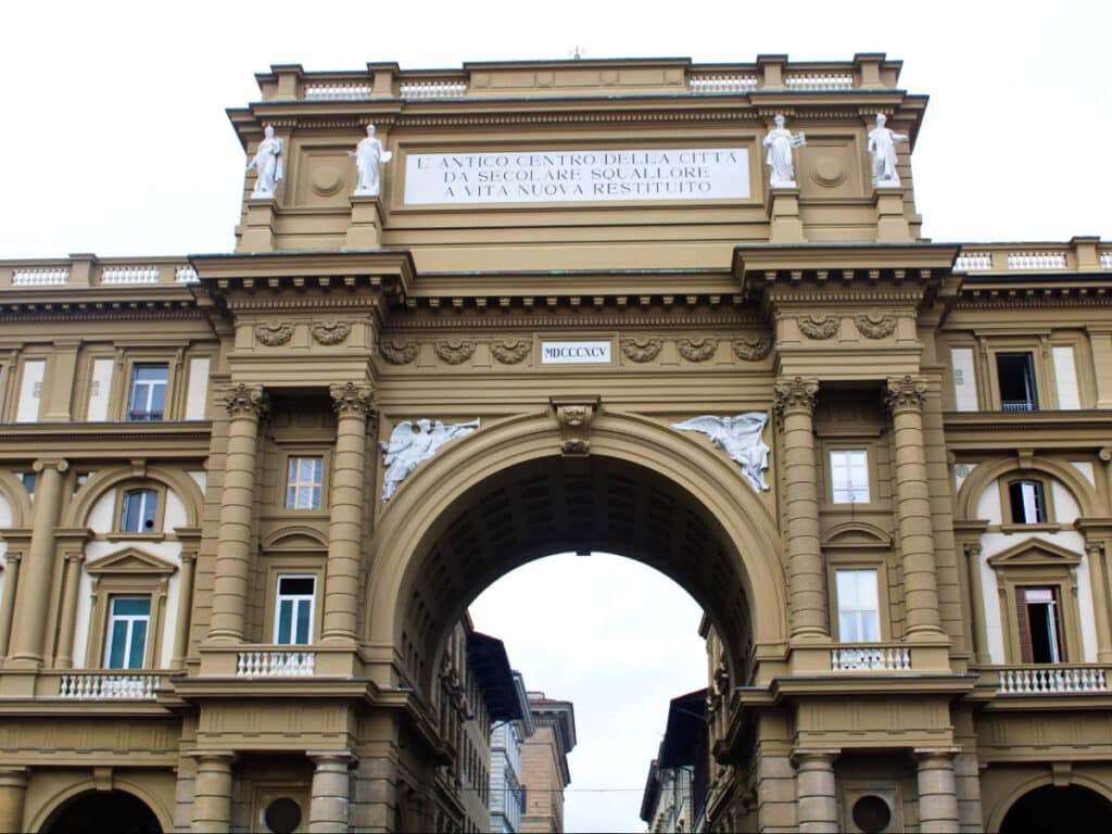 View of the huge archway in Piazza della Repubblica on a gloomy day