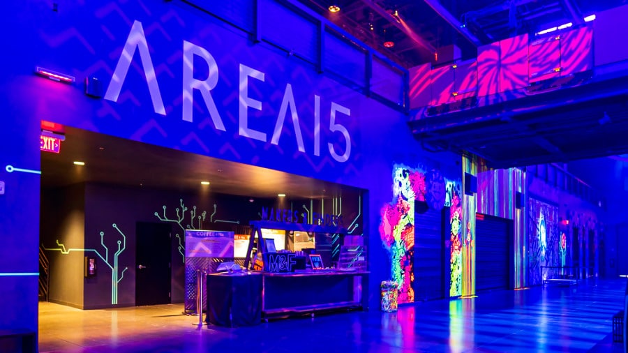 Interior view of Area 15 illuminated with neon lights around