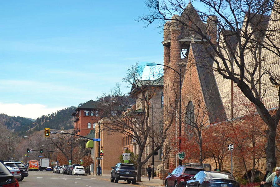 View of cars parked alongside on one of the streets in Boulder