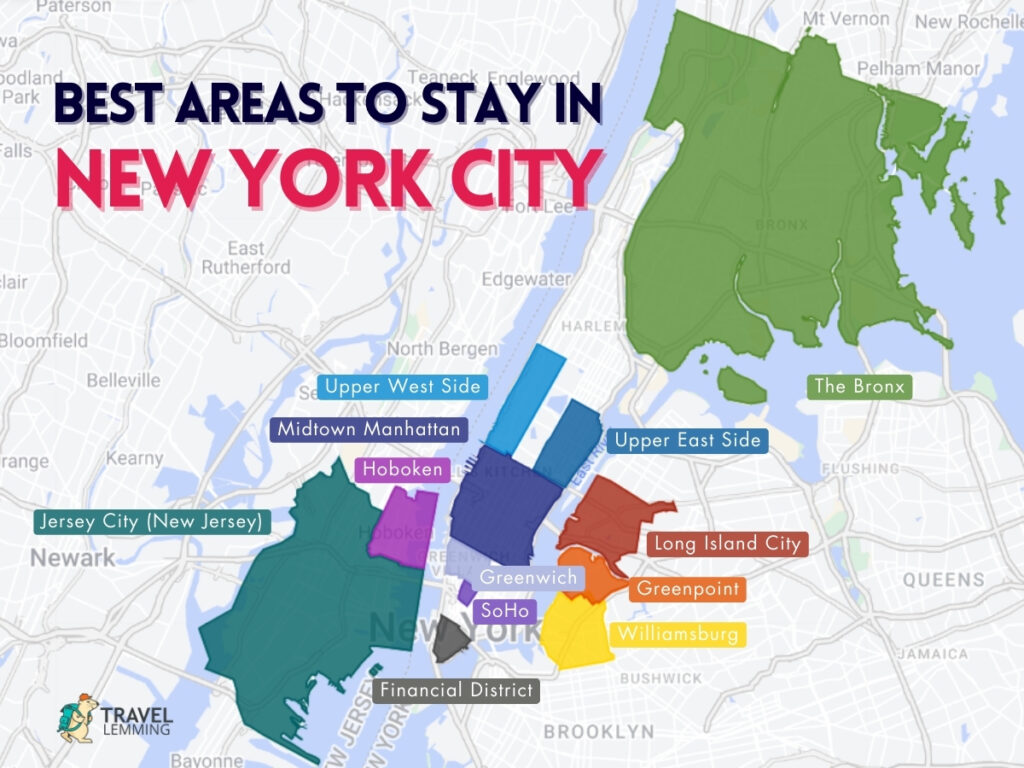 A map showing areas on Where to Stay in New York City