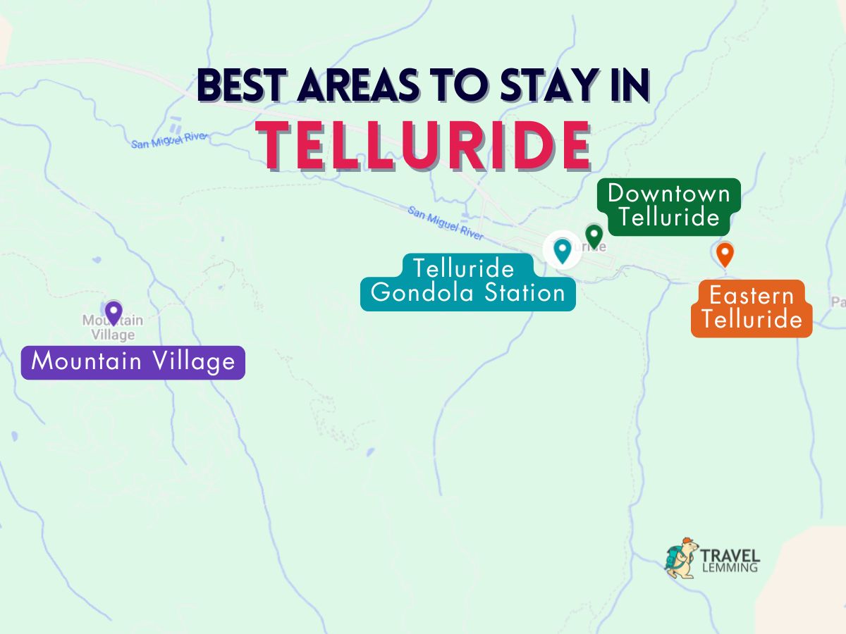 A graphic map that shows the best areas to stay in Telluride
