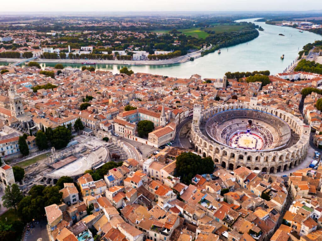 Aerial view of the buildings around the Roman amphitheater in Arles