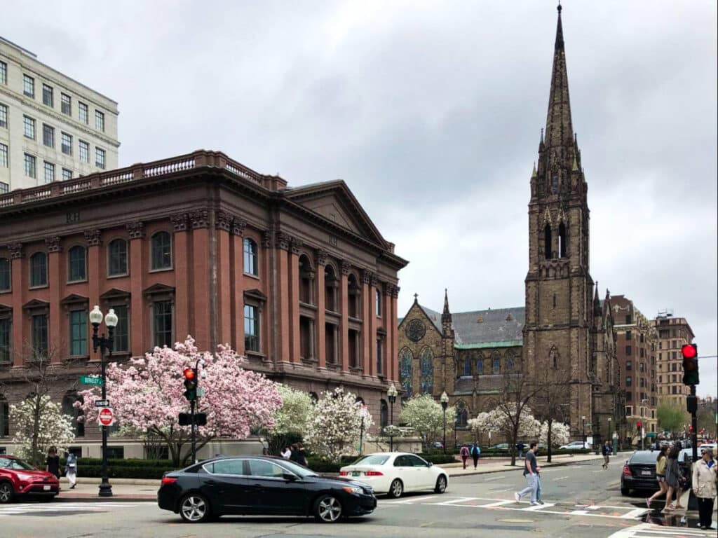 View of the people and the great architecture at Arlington Street Church in Back Bay