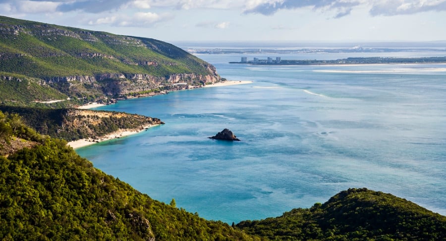 Panoramic view of oceanic landscape and coastline from the top of the mountain