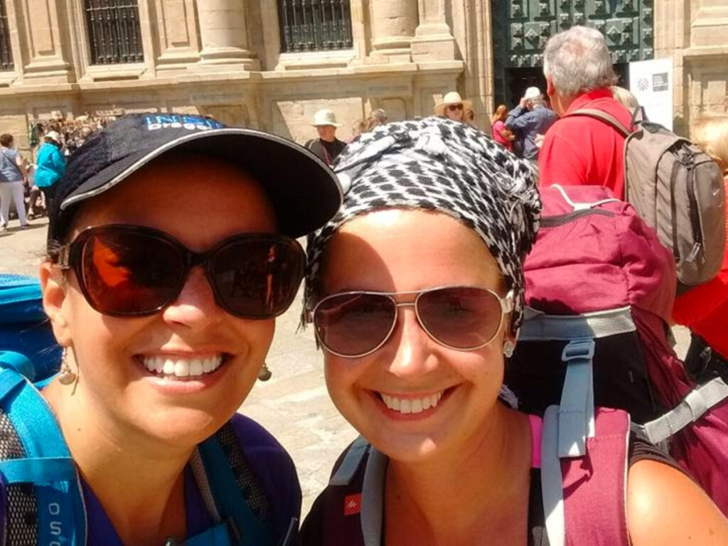 Author Catherine Driver and her friend arriving in Santiago de Compostela