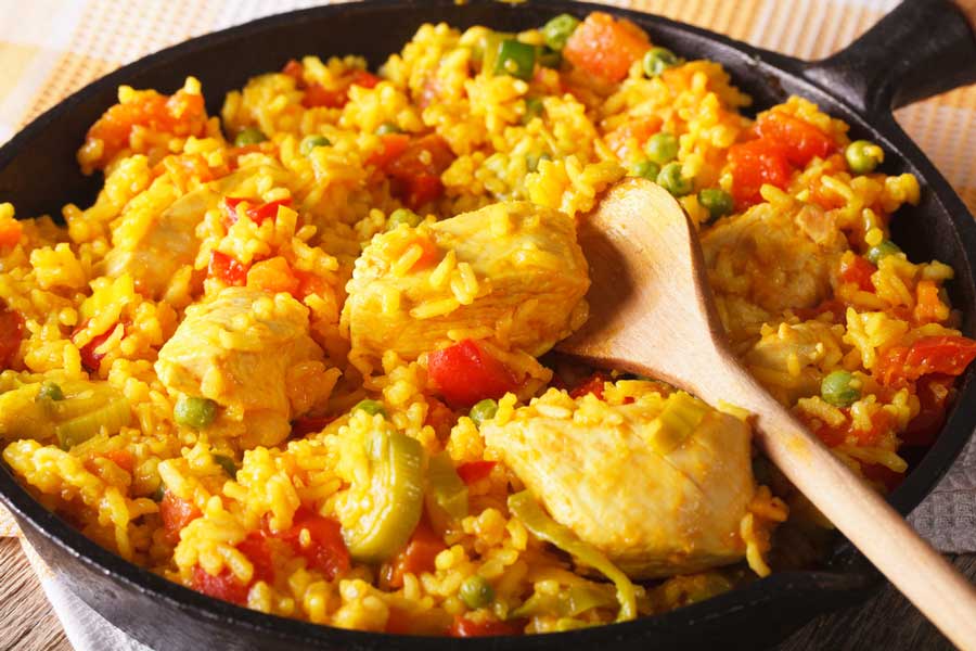 View of a Arroz con Pollo on a pan