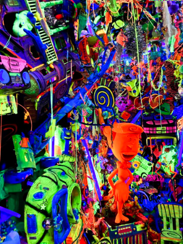 View of the colorful neon colored art exhibit at Saatchi Gallery