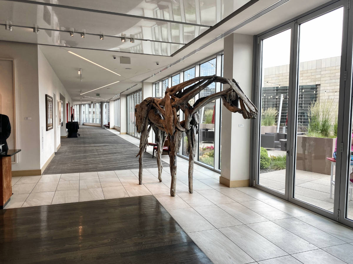 A wooden art displayed inside the Art Hotel in Denver