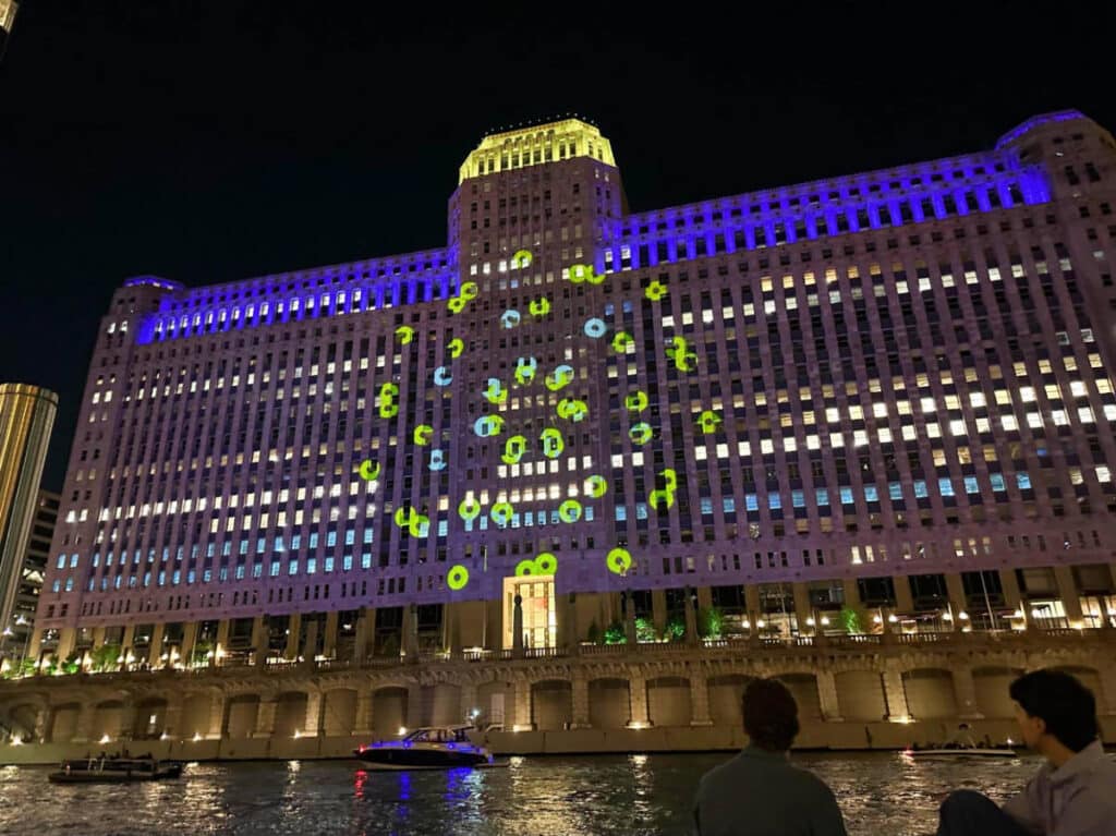 Colorful show during the Art on The Mart at night in Chicago