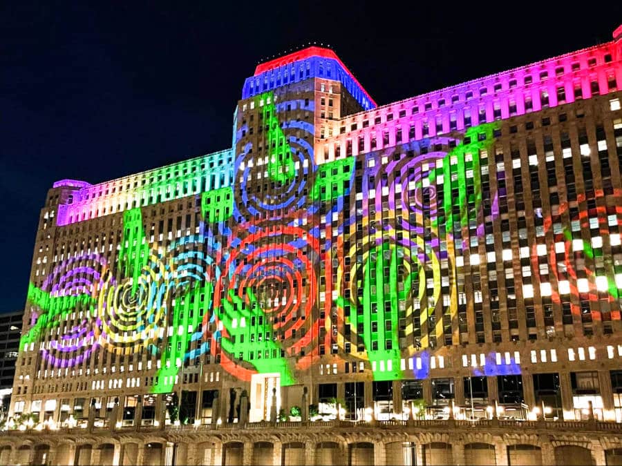 View of the colorful digital art projected on the exterior building