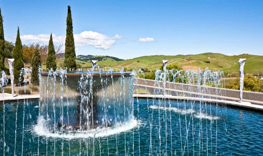 Huge water fountain and courtyard at a winery in Napa Valley, California