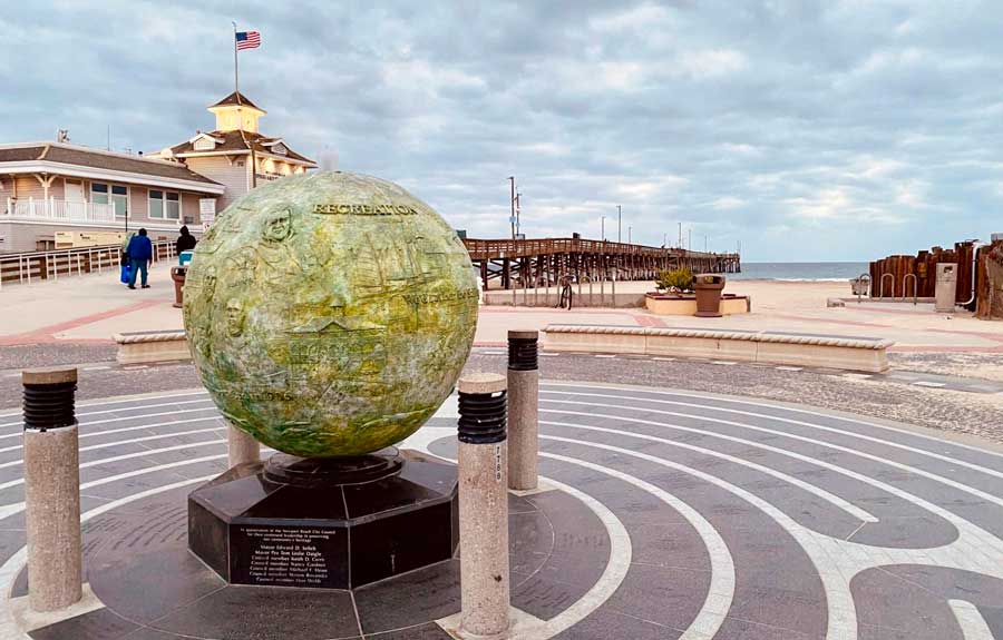 The Artist Hank Kaminsky’s spherical statue at the Newport Beach Pier